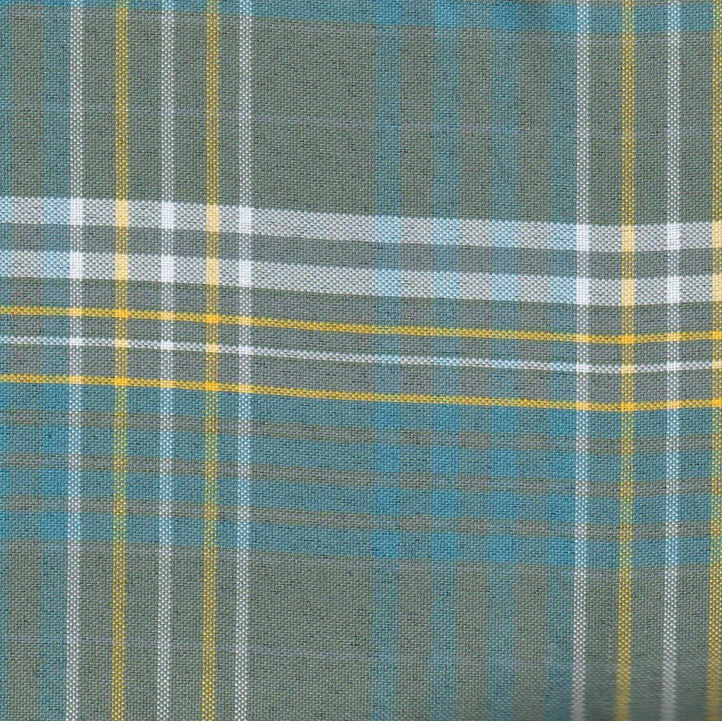 Tela escocesa de poliéster SchoolLine, cuadro verde azulado y gris con líneas amarillas, ideal para uniformes escolares