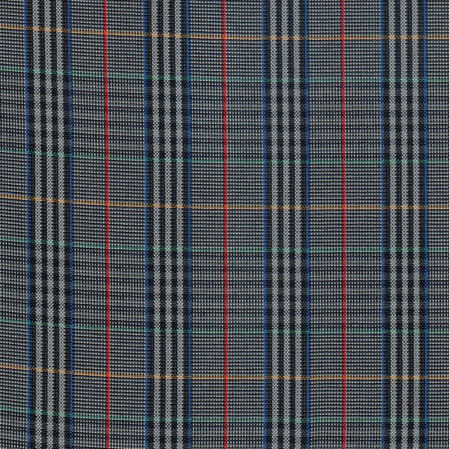 Tela escocesa de poliéster gris con cuadros azules y líneas rojas; perfecta para uniformes escolares e institucionales.
