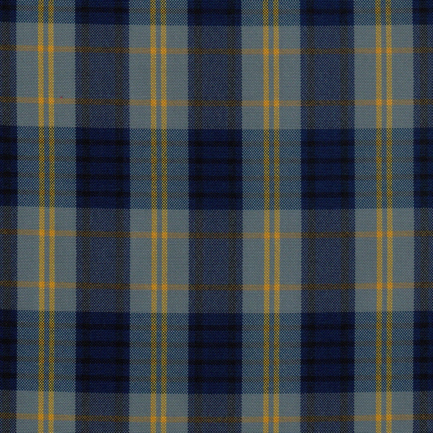 Tela escocesa de poliéster SchoolLine, tartán azul marino y gris con líneas amarillas; ideal para uniformes escolares e institucionales.