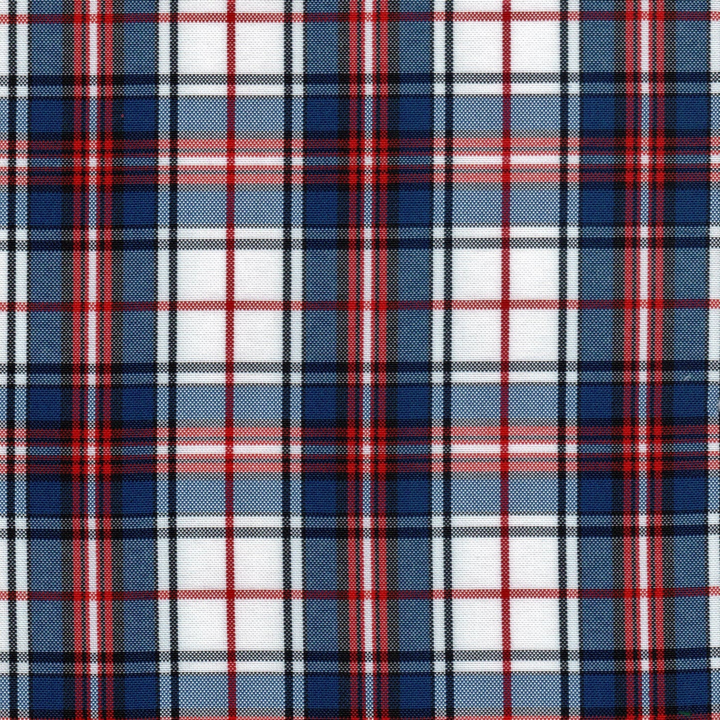 Tela escocesa de poliéster SchoolLine en azul, rojo y blanco; ideal para uniformes escolares e institucionales.