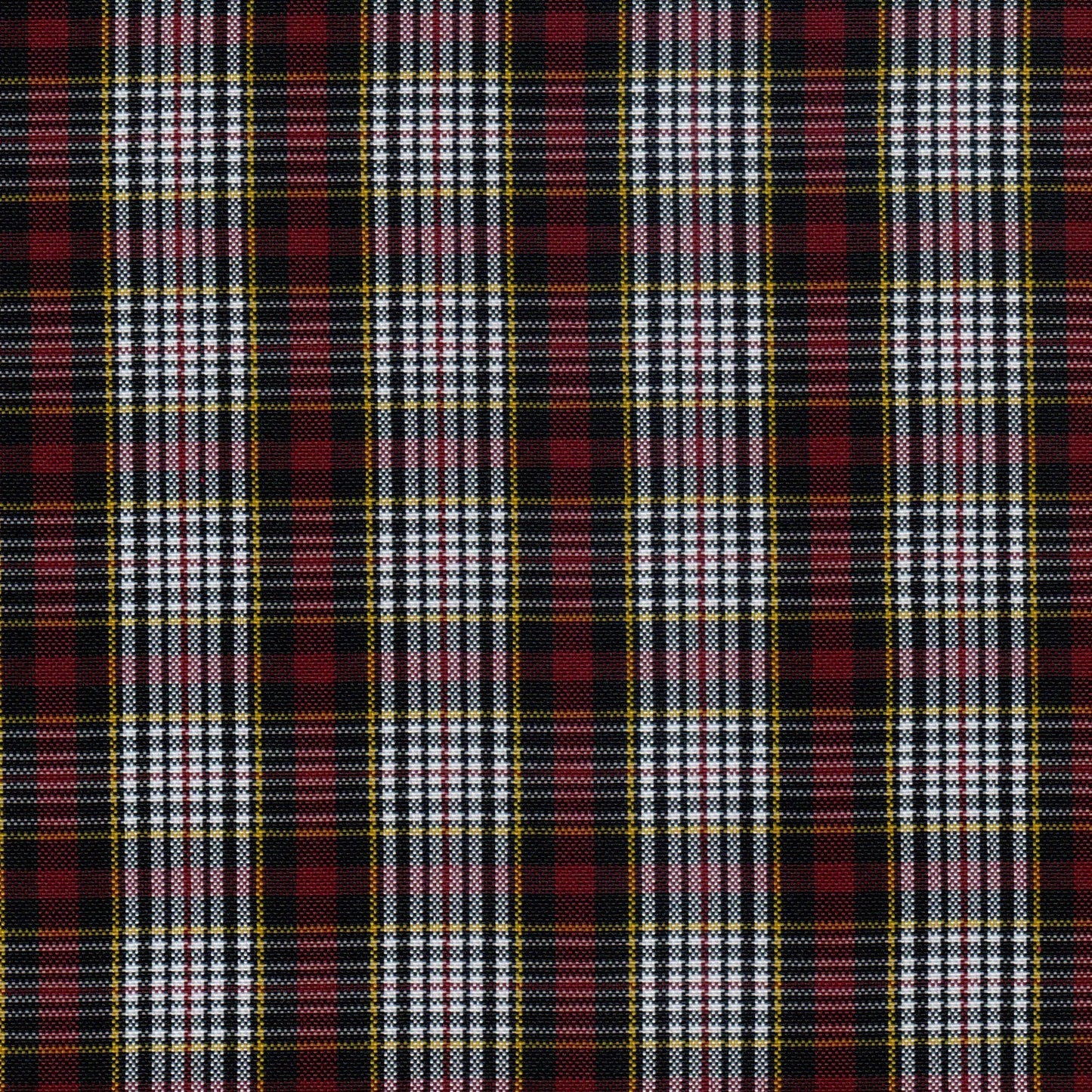 Tela escocesa de poliéster SchoolLine, tartán rojo, negro y blanco con raya amarilla; ideal para uniformes escolares.