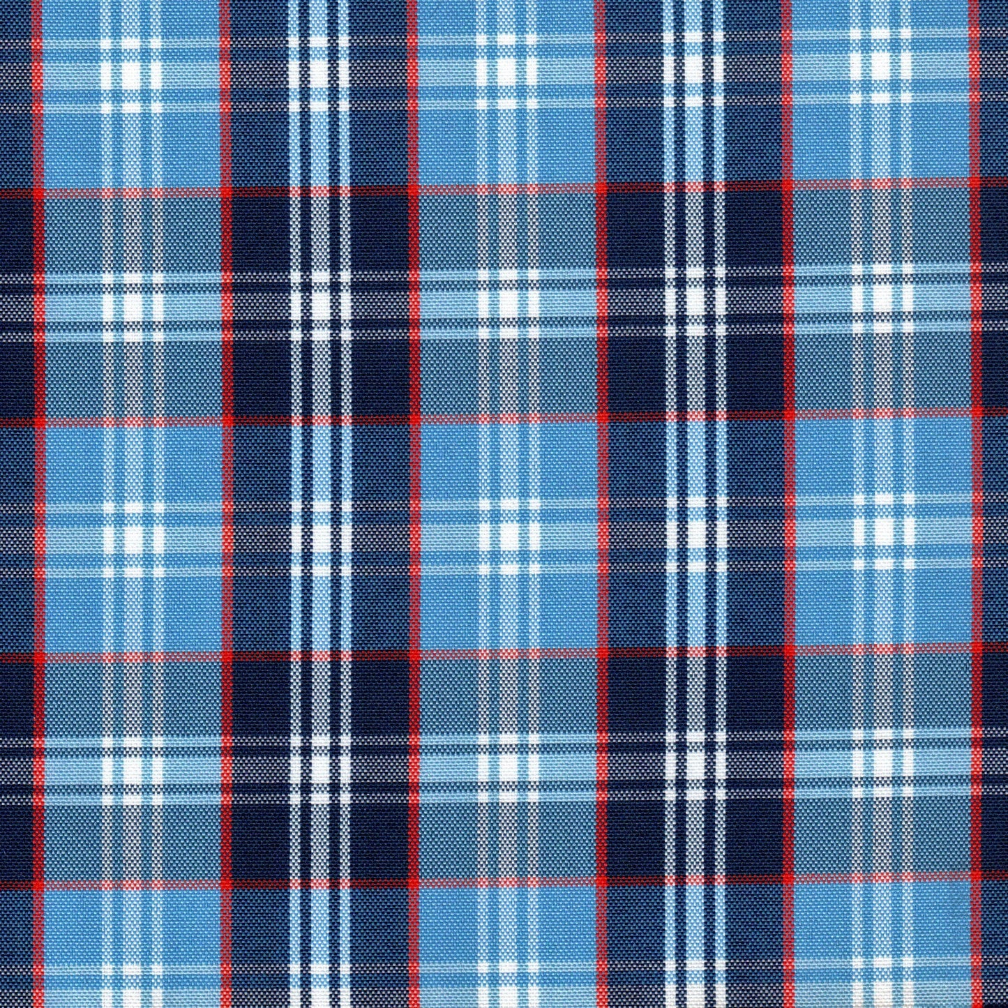 Tela escocesa de poliéster SchoolLine, azul claro/azul marino con cuadros y líneas rojas, ideal para uniformes escolares.