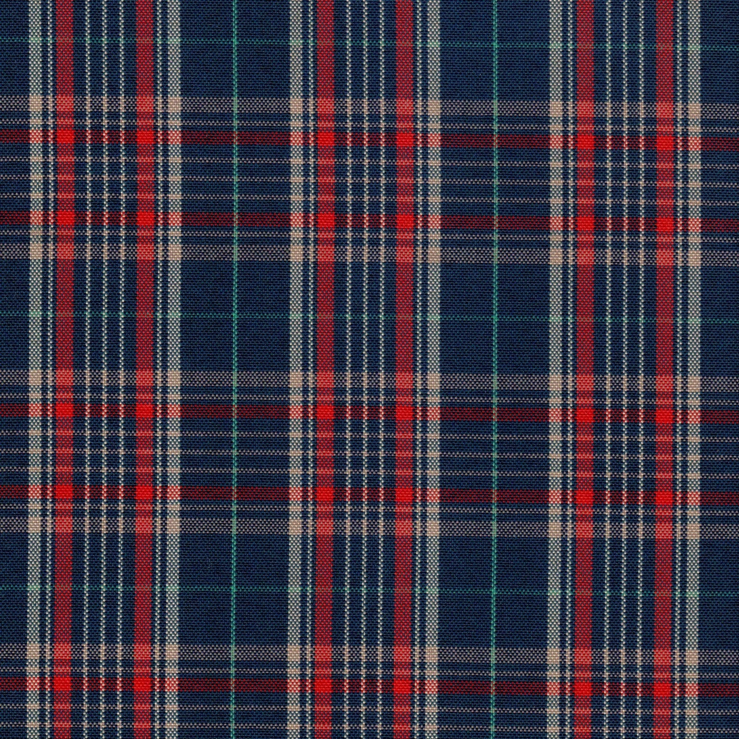 Tela escocesa de poliéster SchoolLine, cuadros azul marino y rojo con líneas blancas/verdes, ideal para uniformes escolares.