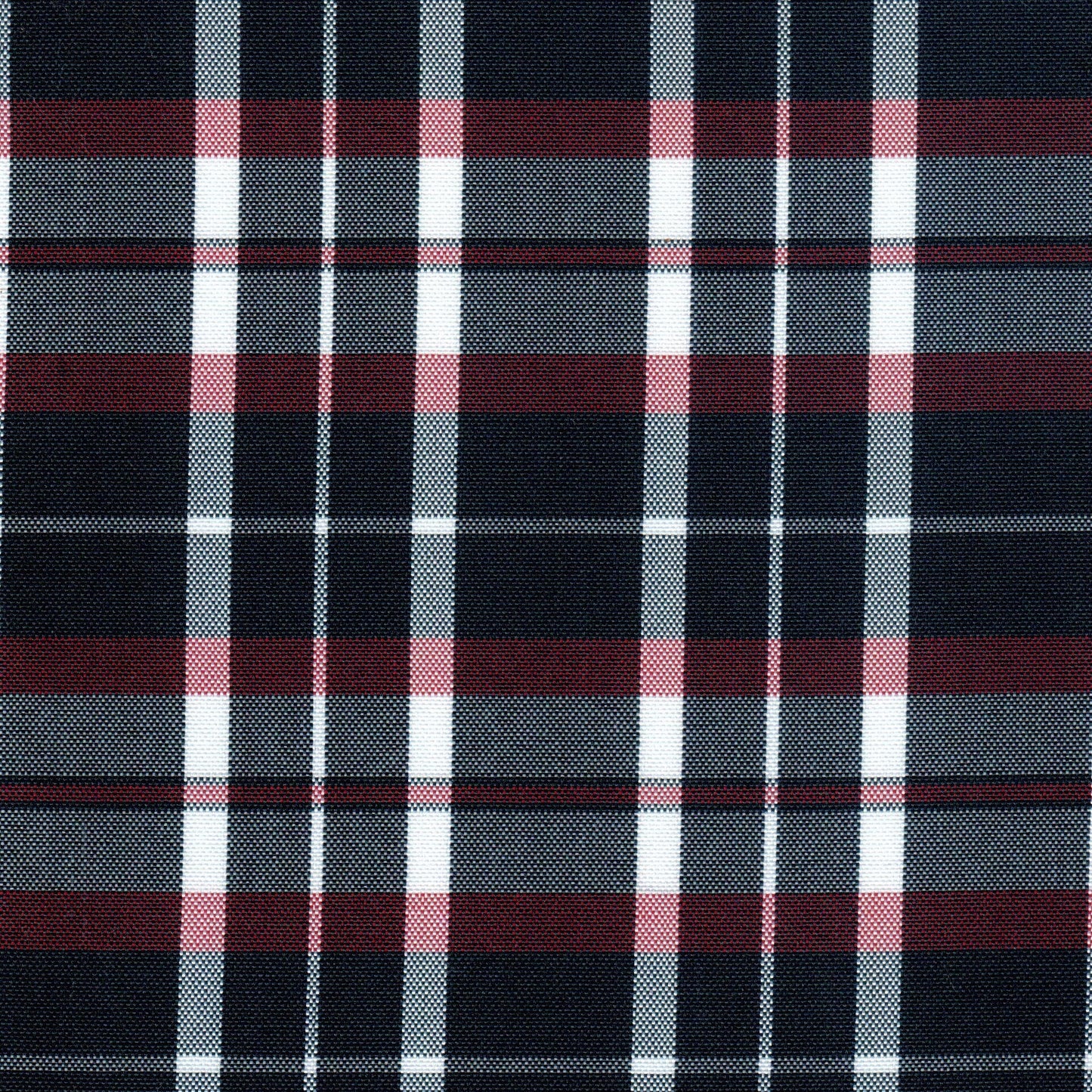 Tela escocesa de poliéster en azul oscuro con rayas blancas y burdeos; ideal para uniformes escolares e institucionales, SchoolLine.