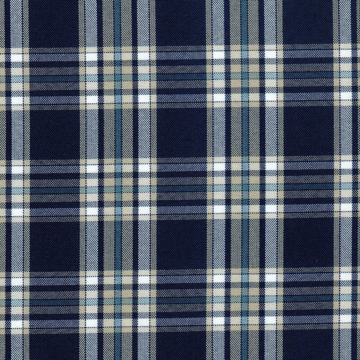 Tela escocesa de poliéster SchoolLine, tartán azul marino con beige y gris, ideal para uniformes escolares e institucionales