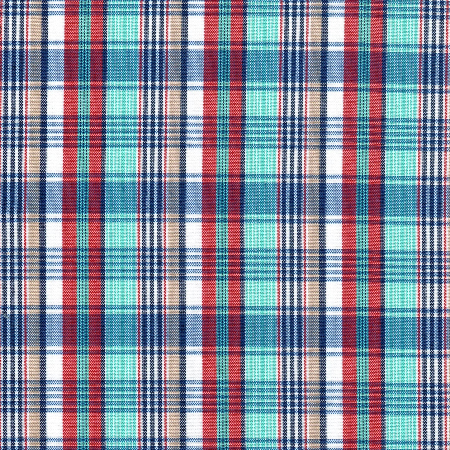 Tela escocesa de poliéster SchoolLine, patrón tartán en rojo, azul marino, turquesa y crema; ideal para uniformes escolares e institucionales.