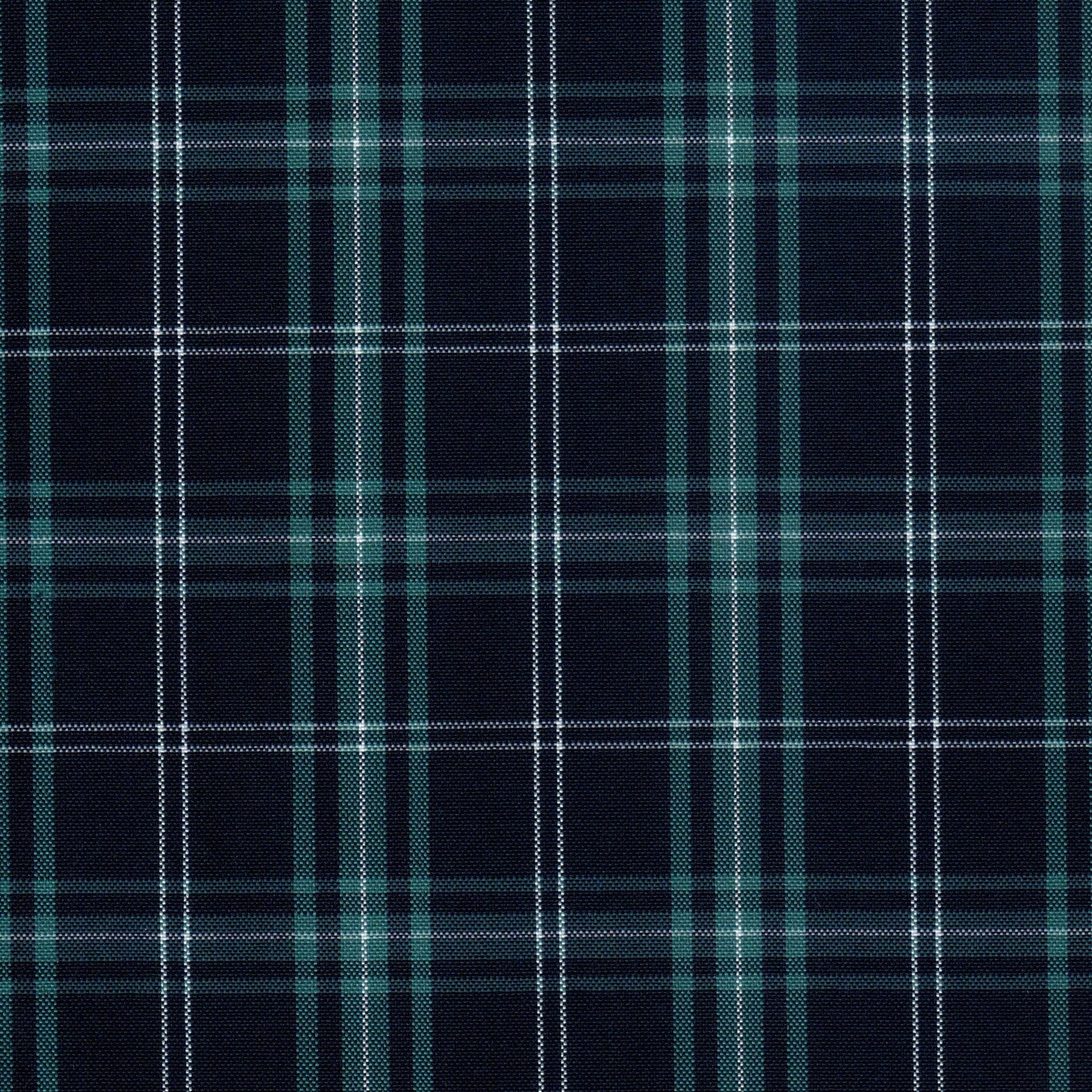 Tela escocesa de poliéster azul marino con cuadros verde y líneas blancas; ideal para uniformes escolares SchoolLine.
