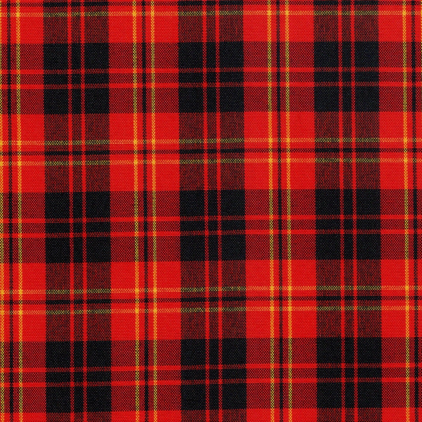 Tela escocesa de poliéster SchoolLine en rojo y negro con líneas amarillas; tela para uniformes escolares e institucionales.