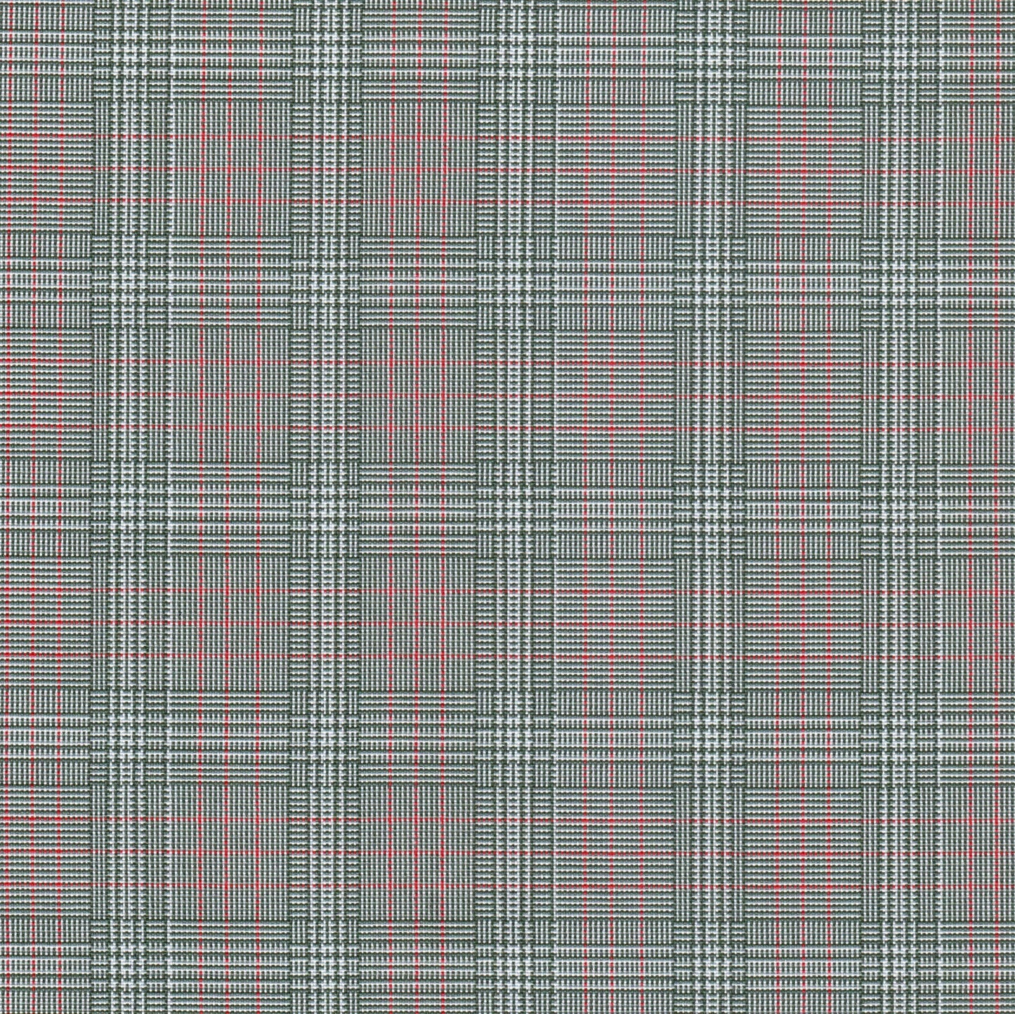 Tela escocesa de poliéster SchoolLine gris con cuadros y líneas rojas, ideal para uniformes escolares e institucionales.