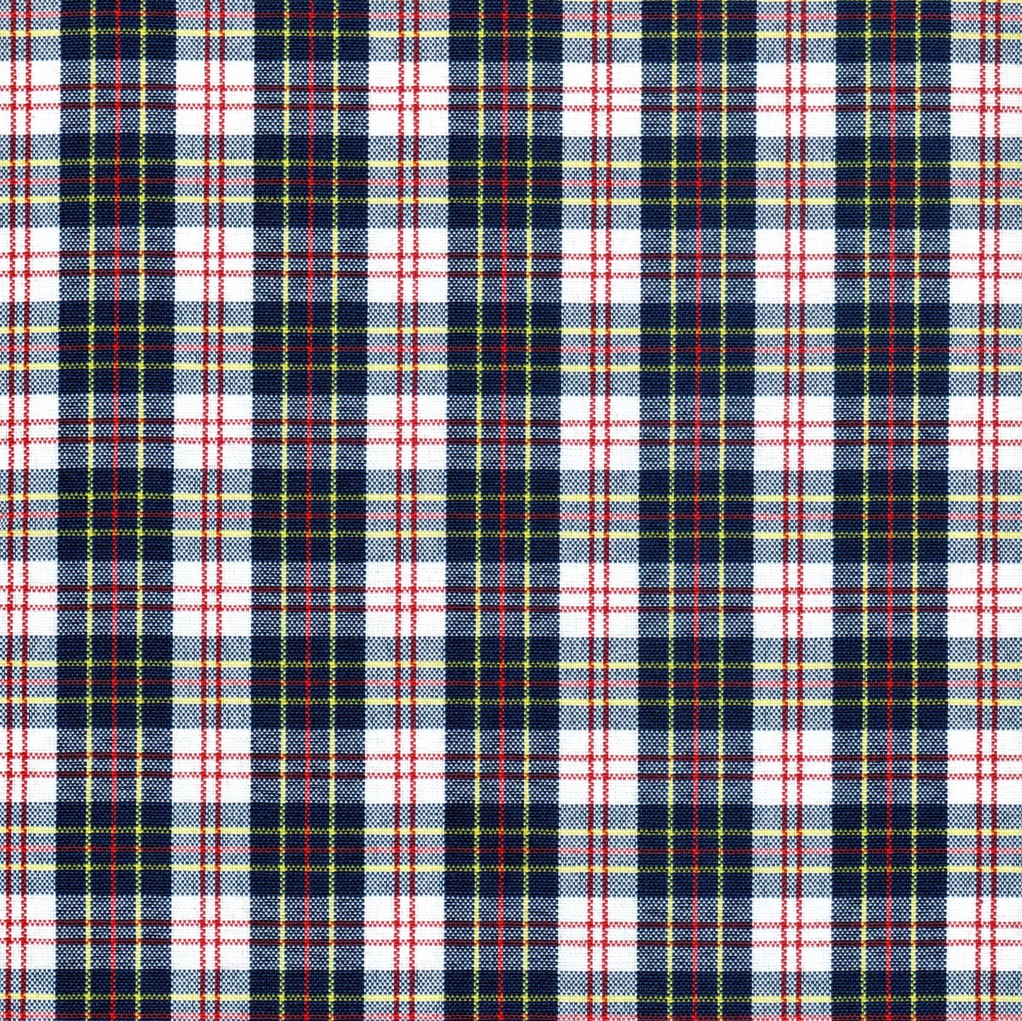 Tela escocesa de poliéster azul marino, blanco y rojo con líneas amarillas; para uniformes escolares de SchoolLine.