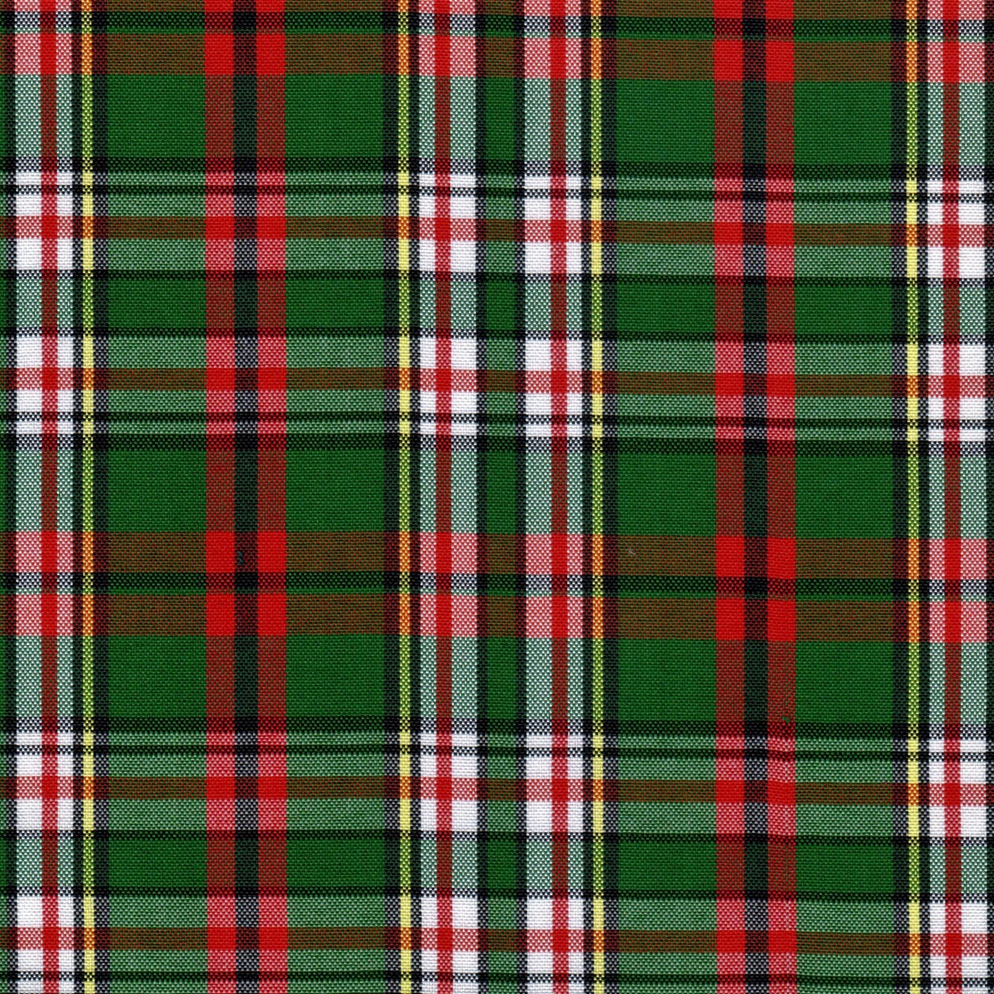 Tela escocesa de poliéster SchoolLine en verde, rojo, negro y blanco con tartán; ideal para uniformes escolares e institucionales.
