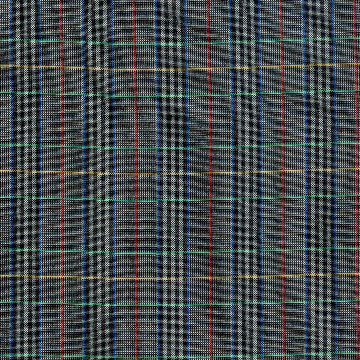 Tela escocesa de poliéster SchoolLine, tartán gris con líneas azules, rojas, verdes y amarillas; ideal para uniformes escolares.