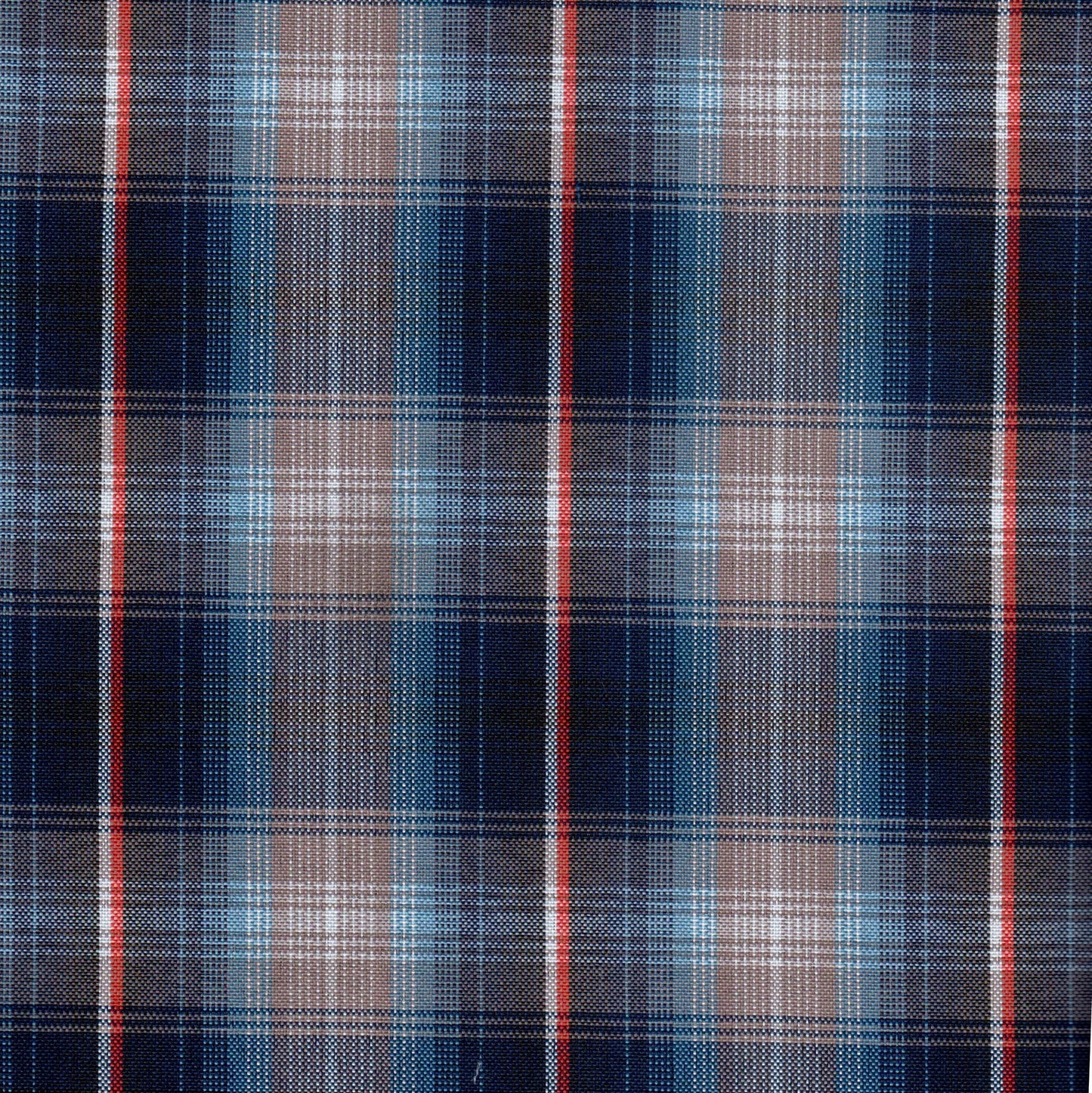 Tela escocesa de poliéster azul marino con cuadros azules y marrones y líneas rojas; ideal para uniformes escolares