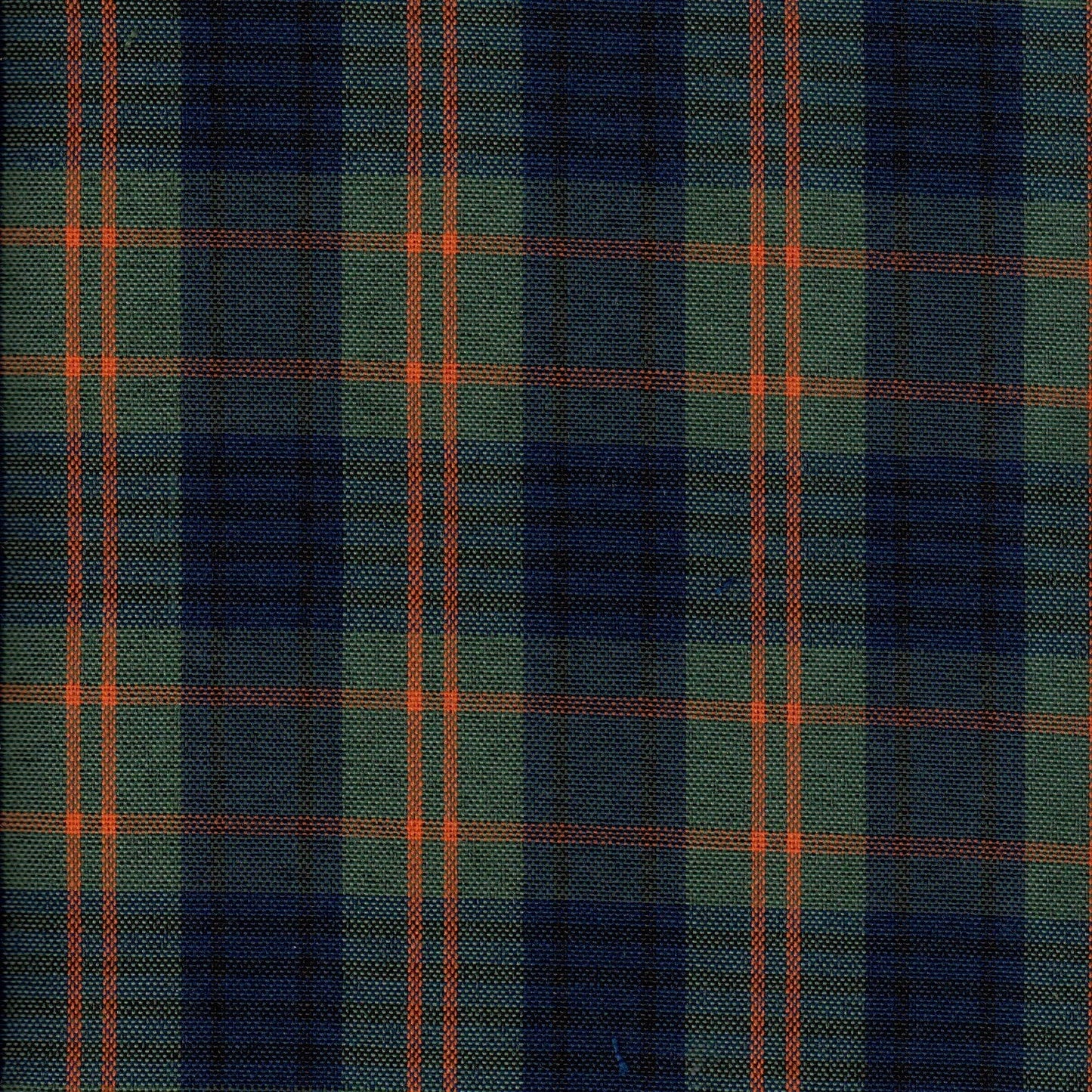 Tela escocesa de poliéster SchoolLine, tartán azul marino y verde con líneas anaranjadas, ideal para uniformes escolares.