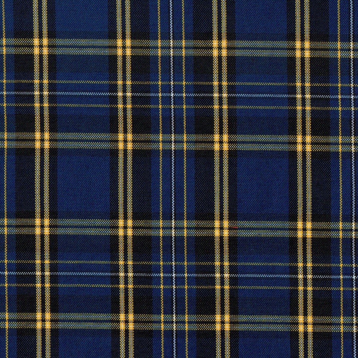 Tela escocesa de poliéster SchoolLine en azul marino con líneas amarillas, ideal para uniformes escolares e institucionales.