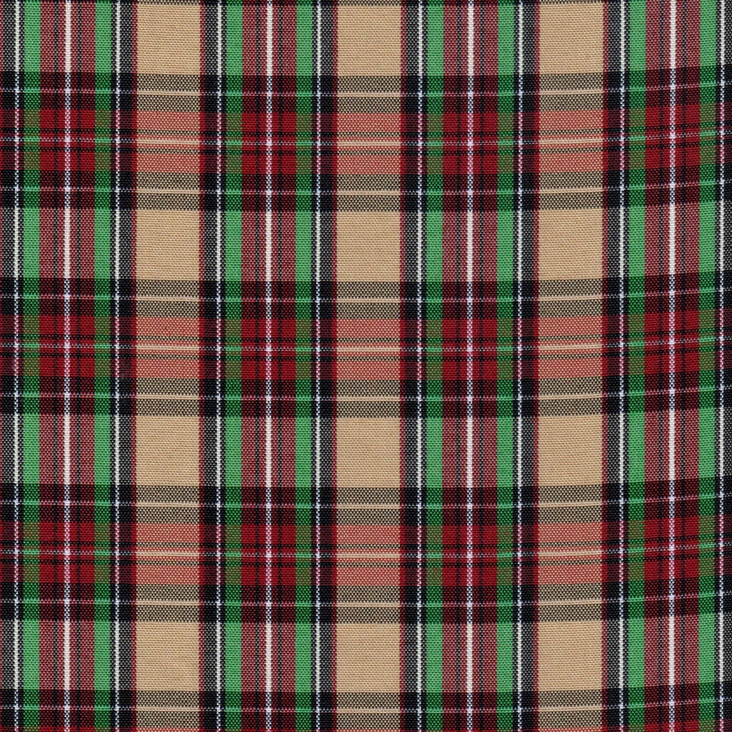 Tela escocesa de poliéster SchoolLine en tartán verde, rojo y beige; ideal para uniformes escolares e institucionales.