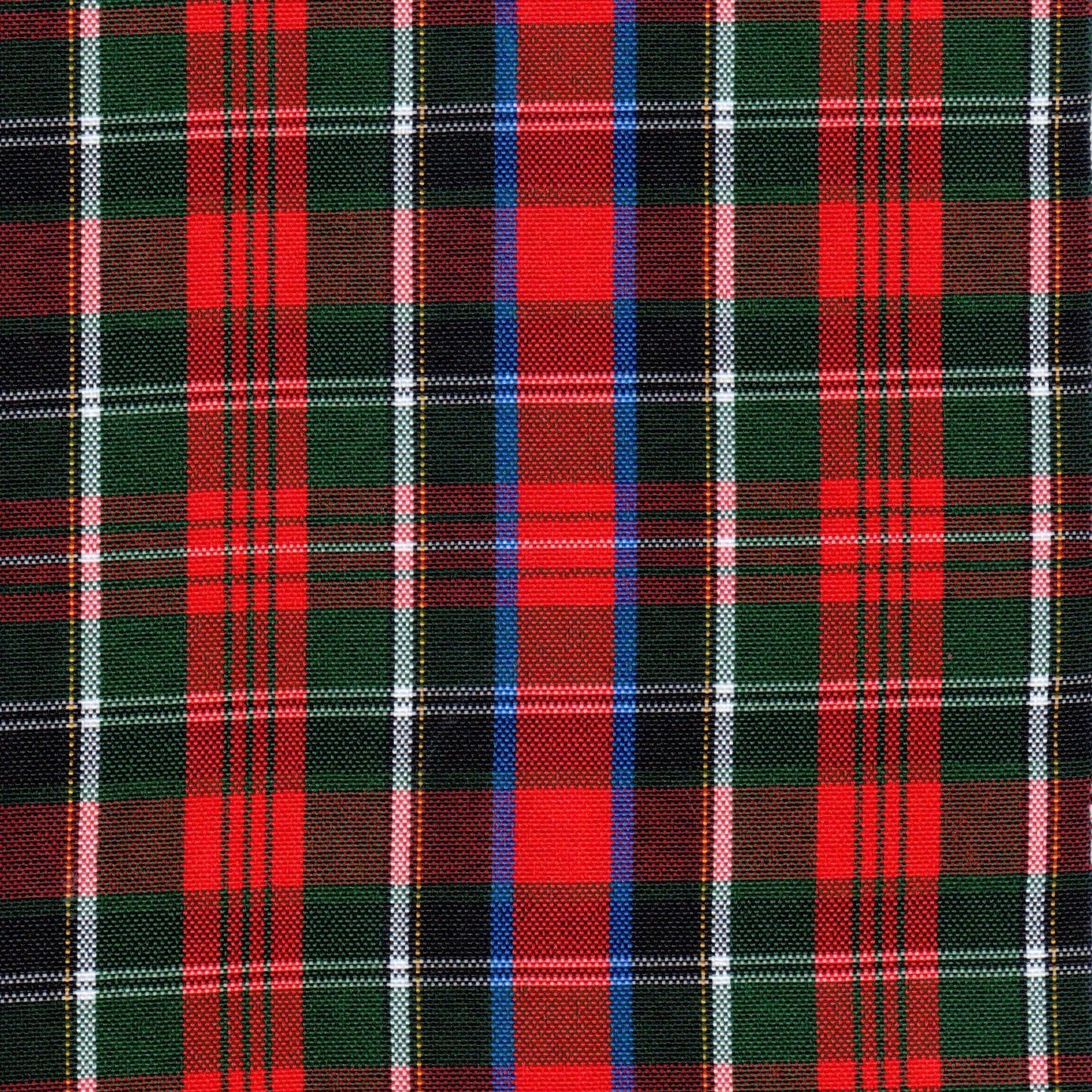 Tela escocesa de poliéster roja y verde con cuadros y franja azul; ideal para uniformes escolares SchoolLine.