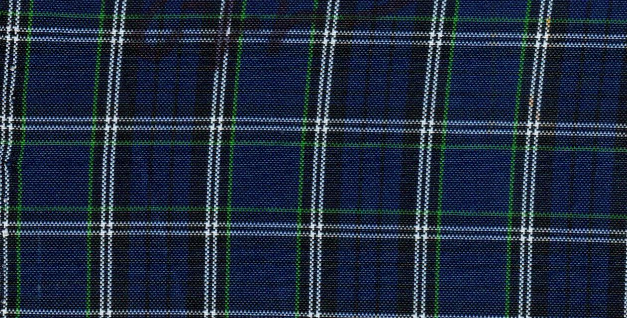 Tela escocesa de poliéster azul marino con cuadros blancos y verde, ideal para uniformes escolares e institucionales. SchoolLine