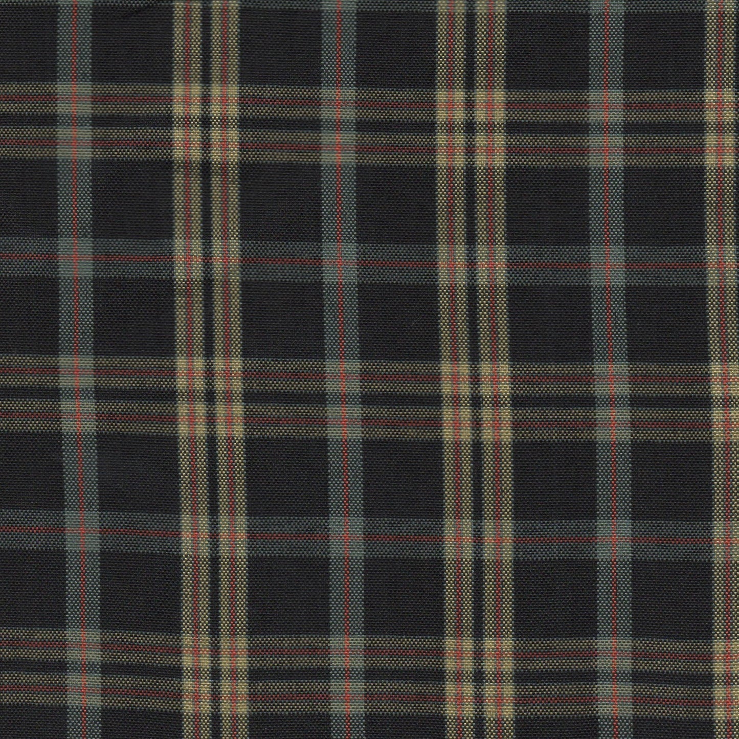 Tela escocesa de poliéster SchoolLine, tartán negro/beige con líneas rojas, ideal para uniformes escolares.