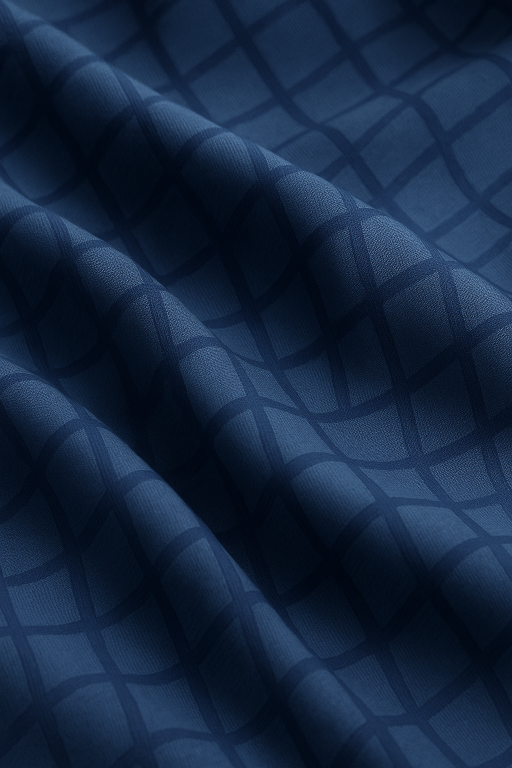 Tela azul con patrón de diamantes oscuros, capturada en una composición con pliegues suaves que resaltan su fluidez y textura, ideal para uniformes escolares de alto rendimiento - School Line