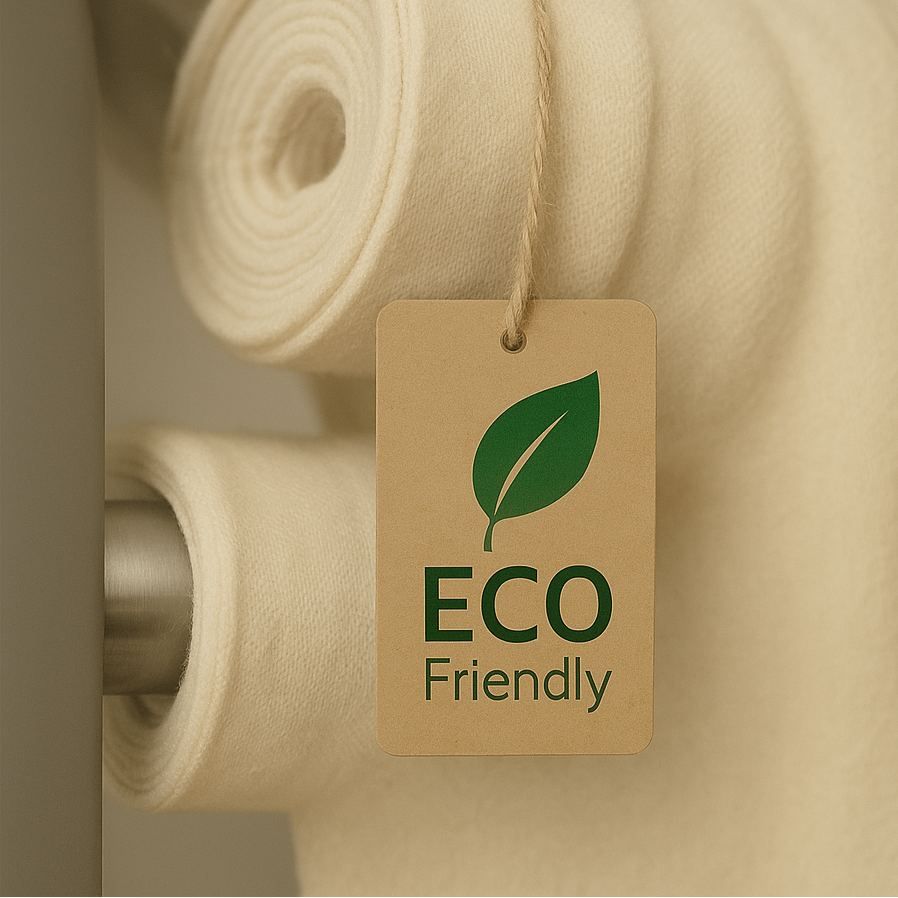 Rollo de tela ecológica color marfil con textura suave, colgado en una barra metálica, con etiqueta de cartón kraft que dice "ECO Friendly", amarrada con cuerda de cabuya.