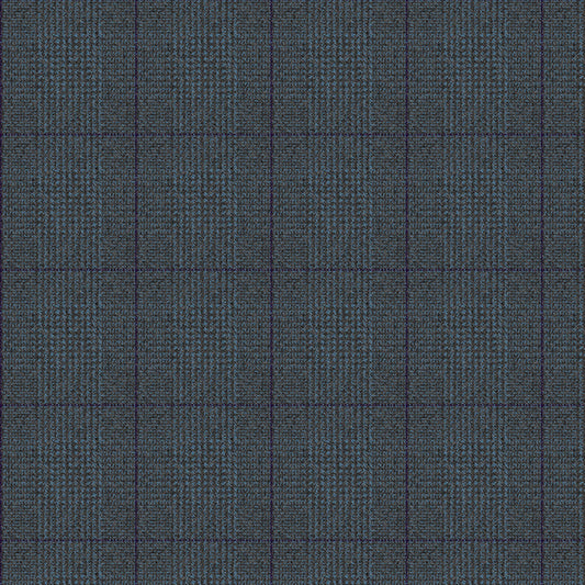 Tela estampada en color gris con rayas en cuadros de color morado y azul claro para uniforme