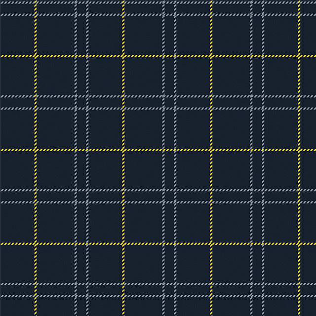 Tela estampada Twill azul con cuadros amarillos sobre fondo marino; ideal para uniformes escolares SchoolLine.