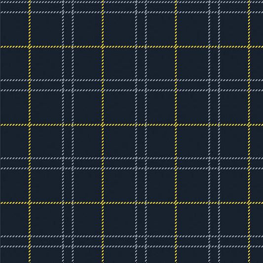 Tela estampada Twill azul con cuadros amarillos sobre fondo marino; ideal para uniformes escolares SchoolLine.