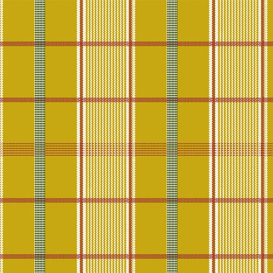 Tela Twill estampada en tartán mostaza con rayas verde, rojo y blanco; ideal para uniformes escolares, de SchoolLine