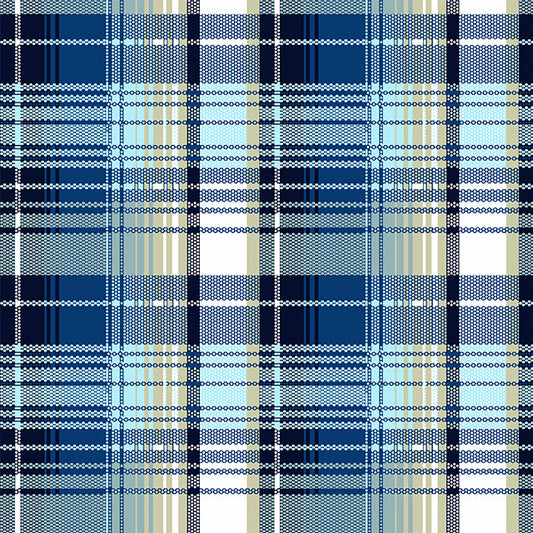 Tela estampada twill en tonos azules y beige con diseño tartán para uniformes escolares e institucionales SchoolLine