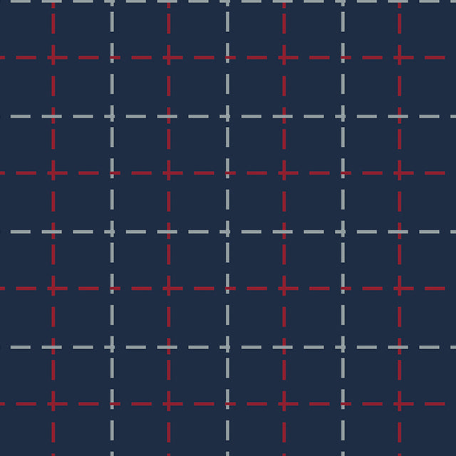 Tela Twill azul marino estampada con líneas rojas y gris; ideal para uniformes escolares de SchoolLine.