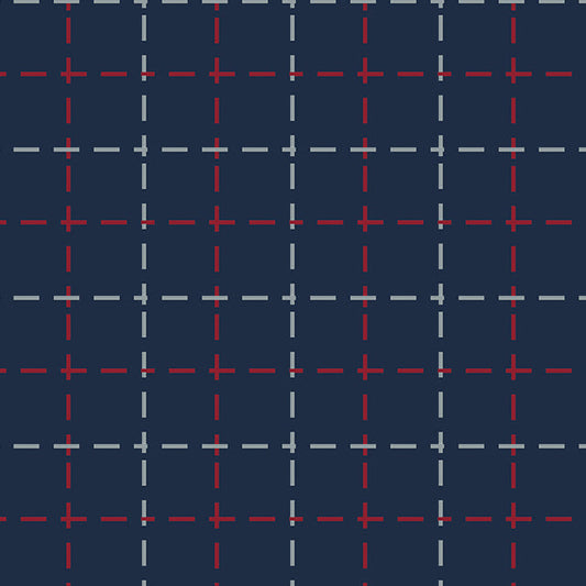 Tela Twill azul marino estampada con líneas rojas y gris; ideal para uniformes escolares de SchoolLine.