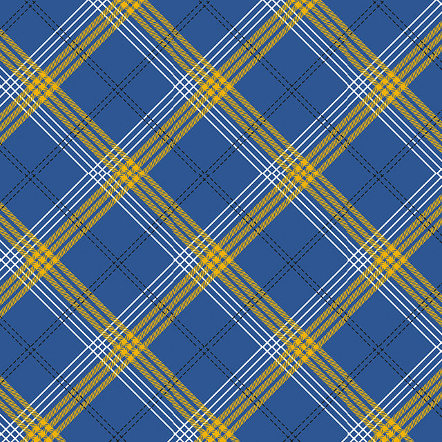 Tela twill estampada azul marino con líneas amarillas y blancas en tartán; ideal para uniformes escolares e institucionales, SchoolLine.