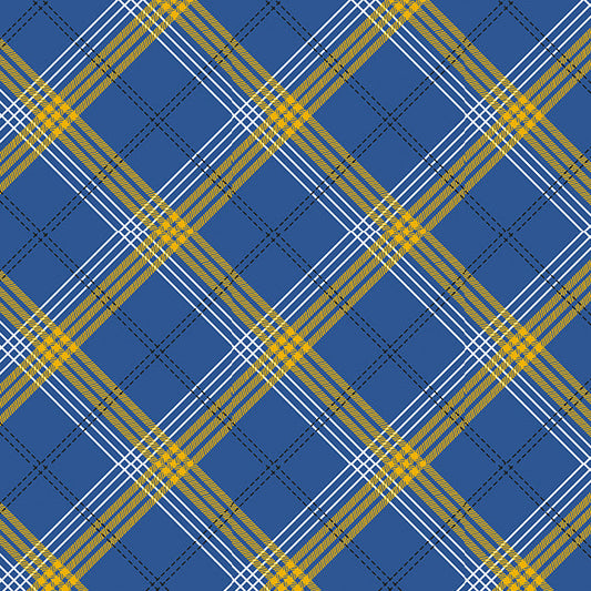 Tela twill estampada azul marino con líneas amarillas y blancas en tartán; ideal para uniformes escolares e institucionales, SchoolLine.