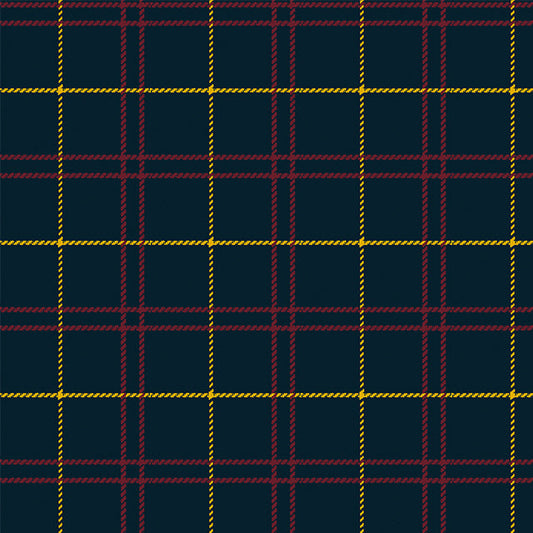 Tela Twill azul estampada con líneas amarillas y burdeos; ideal para uniformes escolares de SchoolLine.