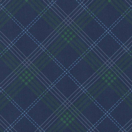 Tela estampada de uniforme en color azul con lineas verdes
