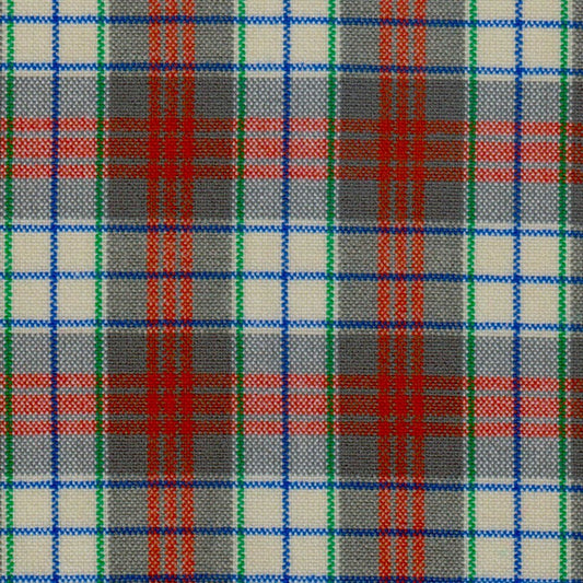 Tela acrílica escocés tartán SchoolLine en rojo, gris y azul con líneas verdes; ideal para uniformes escolares.