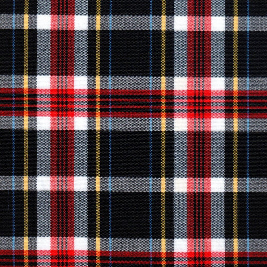 Tela acrílico escocés SchoolLine; tartán rojo/negro/blanco con azul y amarillo, para uniformes escolares.