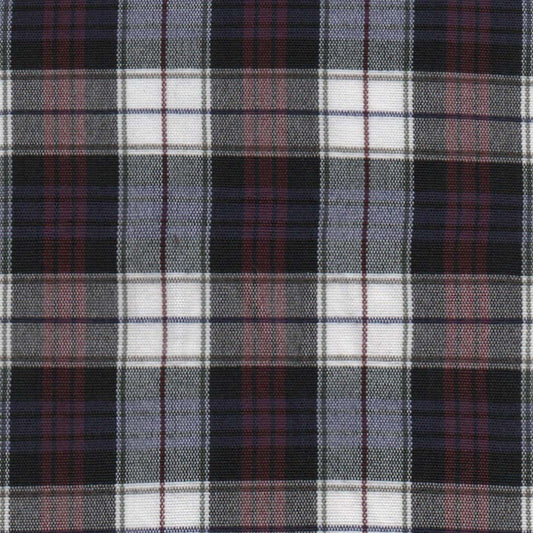 tela escocesa de uniformes escolares en colores vinotinto, y blanco con lineas moradas y negras