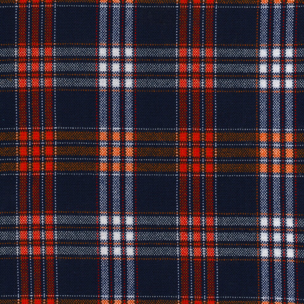 Tela para uniforme acrílica escocesa, azul marino con cuadros naranja y blanco; ideal para uniformes escolares e institucionales, SchoolLine