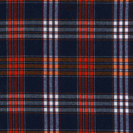 Tela para uniforme acrílica escocesa, azul marino con cuadros naranja y blanco; ideal para uniformes escolares e institucionales, SchoolLine