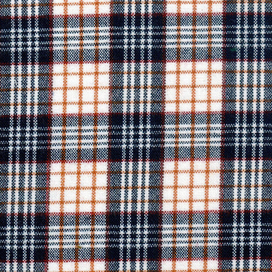 Tela acrílica escocés especial de SchoolLine para uniformes escolares e institucionales, tejido a cuadros azul, blanco y naranja.