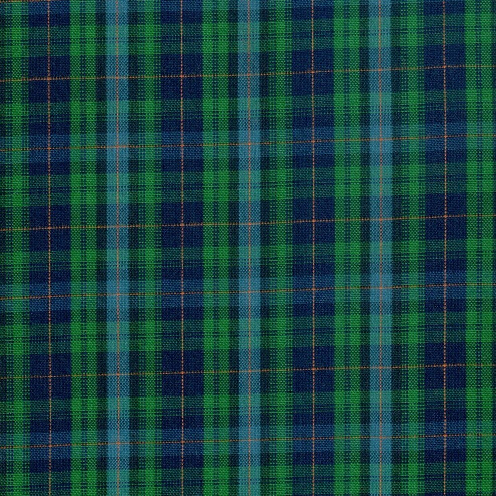 Tela polidacron escocés verde y azul con líneas naranja; ideal para uniformes escolares e institucionales SchoolLine