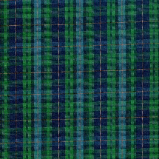 Tela polidacron escocés verde y azul con líneas naranja; ideal para uniformes escolares e institucionales SchoolLine