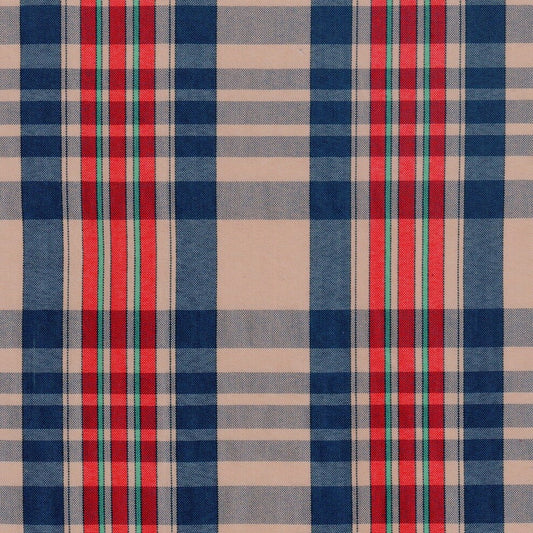 Tela polidacron escocés SchoolLine: azul marino con cuadros beige y tiras rojas y verdes, ideal para uniformes escolares.
