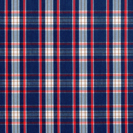 Tela tipo tartán escocés azul marino, rojo y blanco; ideal para uniformes escolares e institucionales, de SchoolLine.