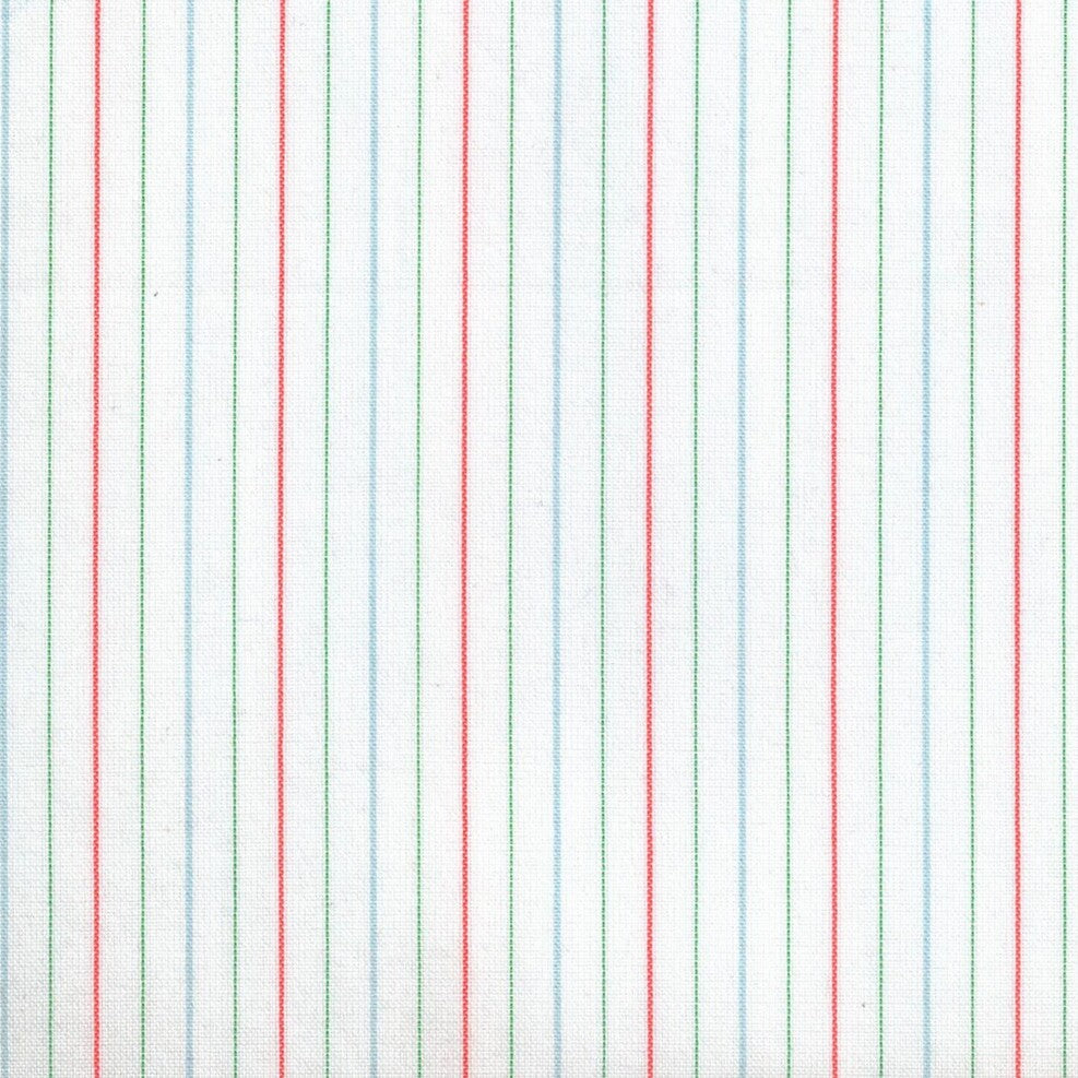 Tela escocesa polidacron para uniforme; rayas verticales rojo, verde y azul sobre fondo blanco (SchoolLine).