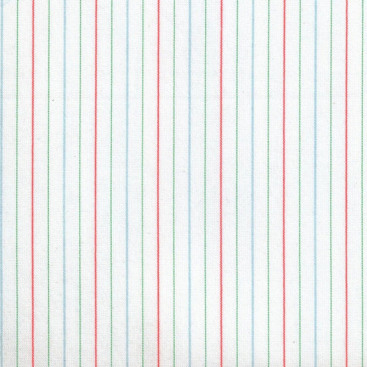 Tela escocesa polidacron para uniforme; rayas verticales rojo, verde y azul sobre fondo blanco (SchoolLine).