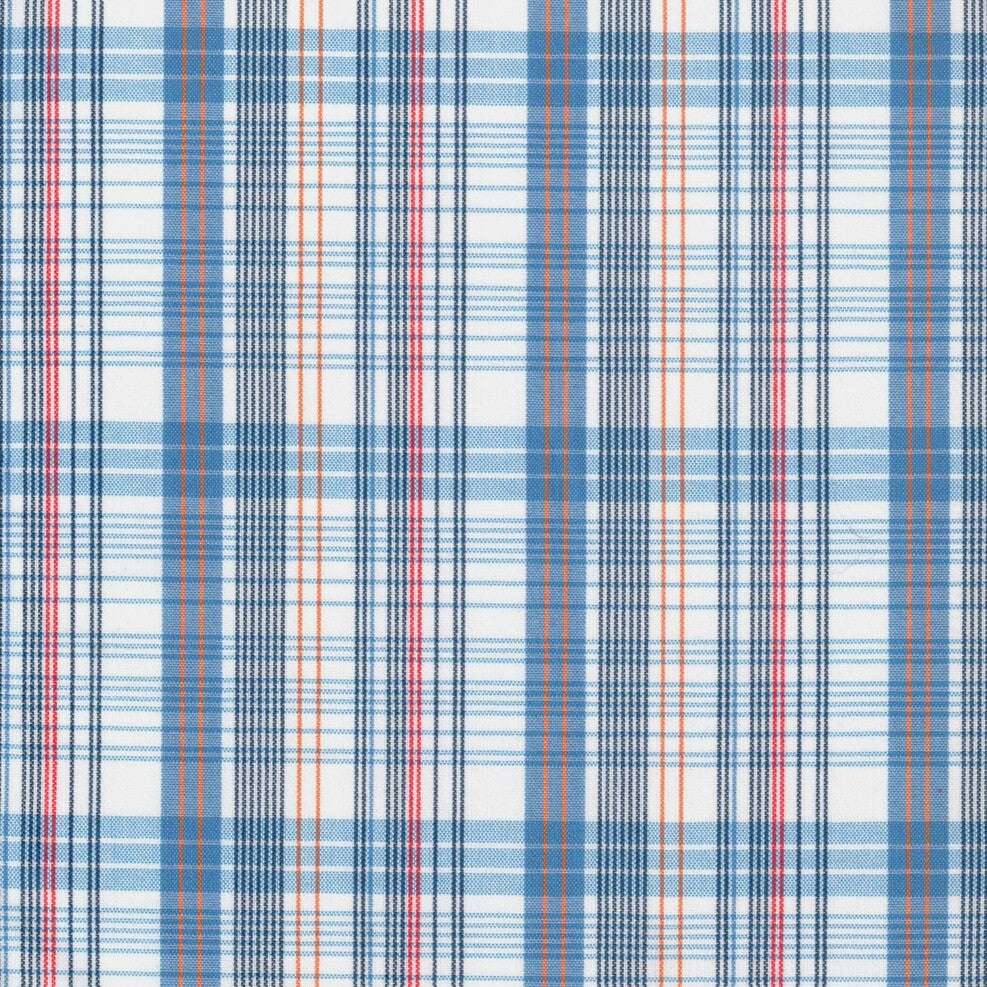 Tela de uniforme polidacron escocés a cuadros azules, blancos y naranja; SchoolLine, ideal para uniformes escolares e institucionales.