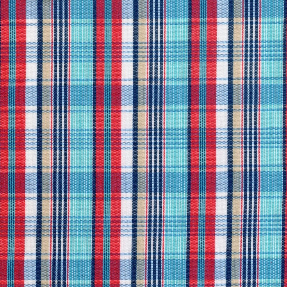 Tela de uniforme polidacron escocés de SchoolLine en rojo, azul y turquesa, ideal para uniformes escolares e institucionales.